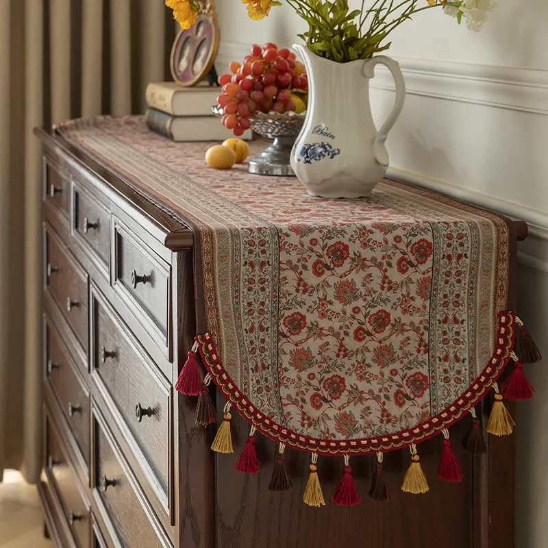 Light Luxury Homestay Dining Table Flag Tea Room Cabinet Cover Cloth Flower Tassel Flag Cloth Retro Long Tablecloth