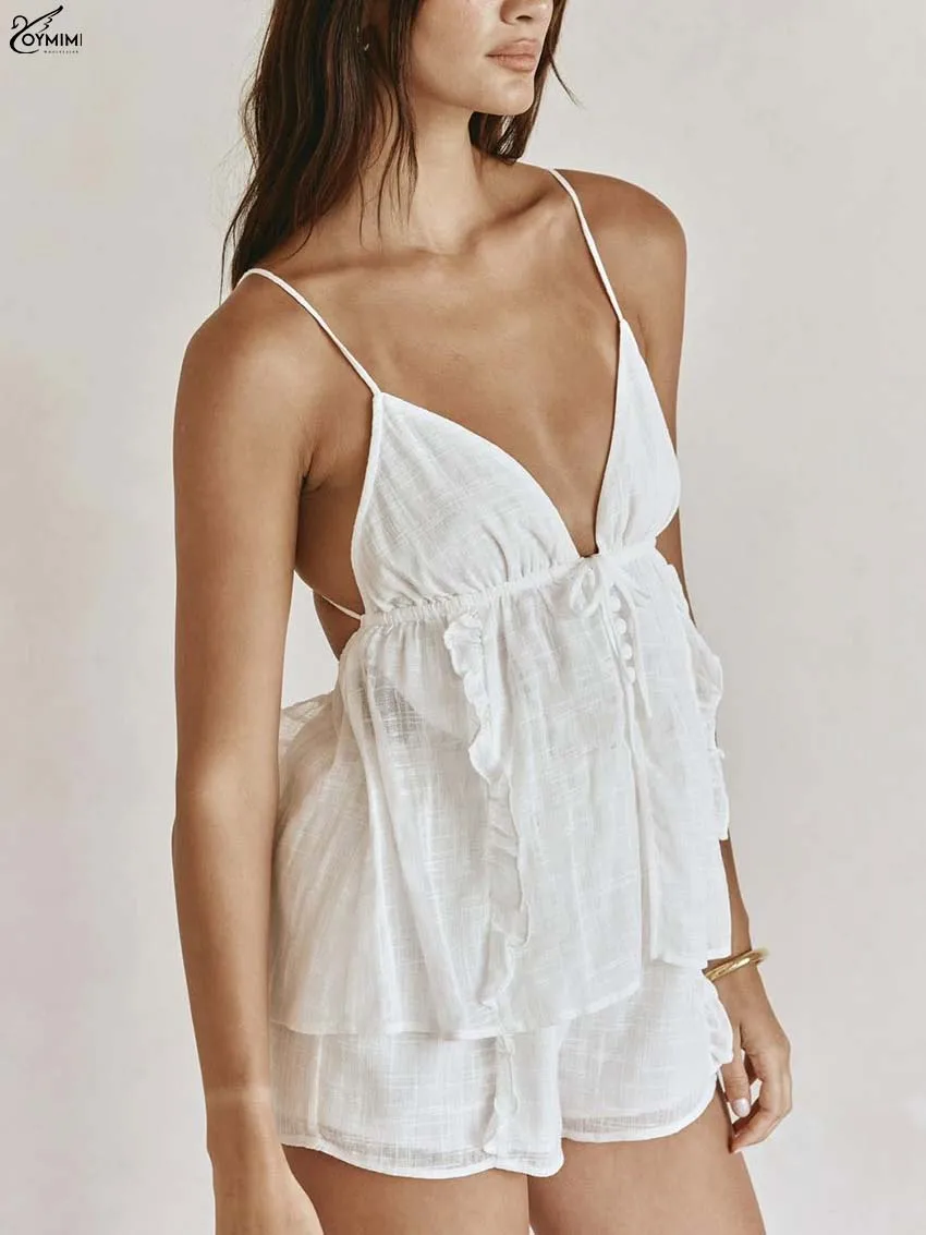 

Oymimi Casual White Cotton Two Piece Outfits Woman Fashion Spaghetti Strap Open Back Lace-Up Blouses And Simple Shorts Sets