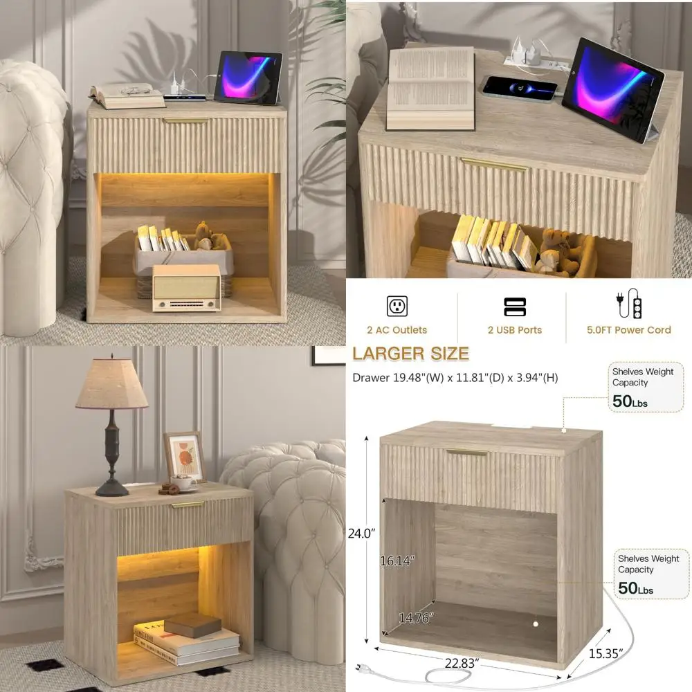 

Современная 23-широкая рифленая тумбочка с зарядной станцией — ящик прикроватной тумбочки в стиле середины века для современного дома