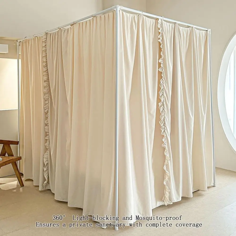 ม่านเตียงเจ้าหญิงสีกากีขนาดเต็มพร้อมสายรัด สำหรับป้องกันลมและแสงในห้องนอนเด็กผู้หญิง