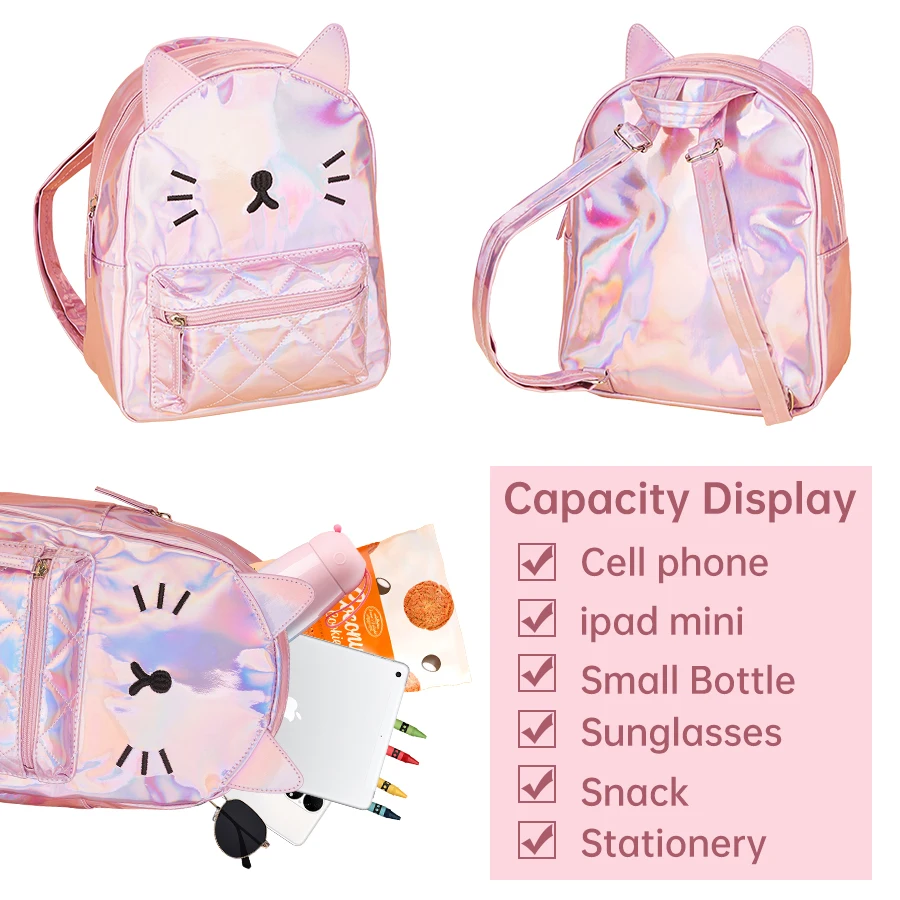 Girls backpack with zipper closure cartoon cute laser backpack suitable for girls\' birthday gifts