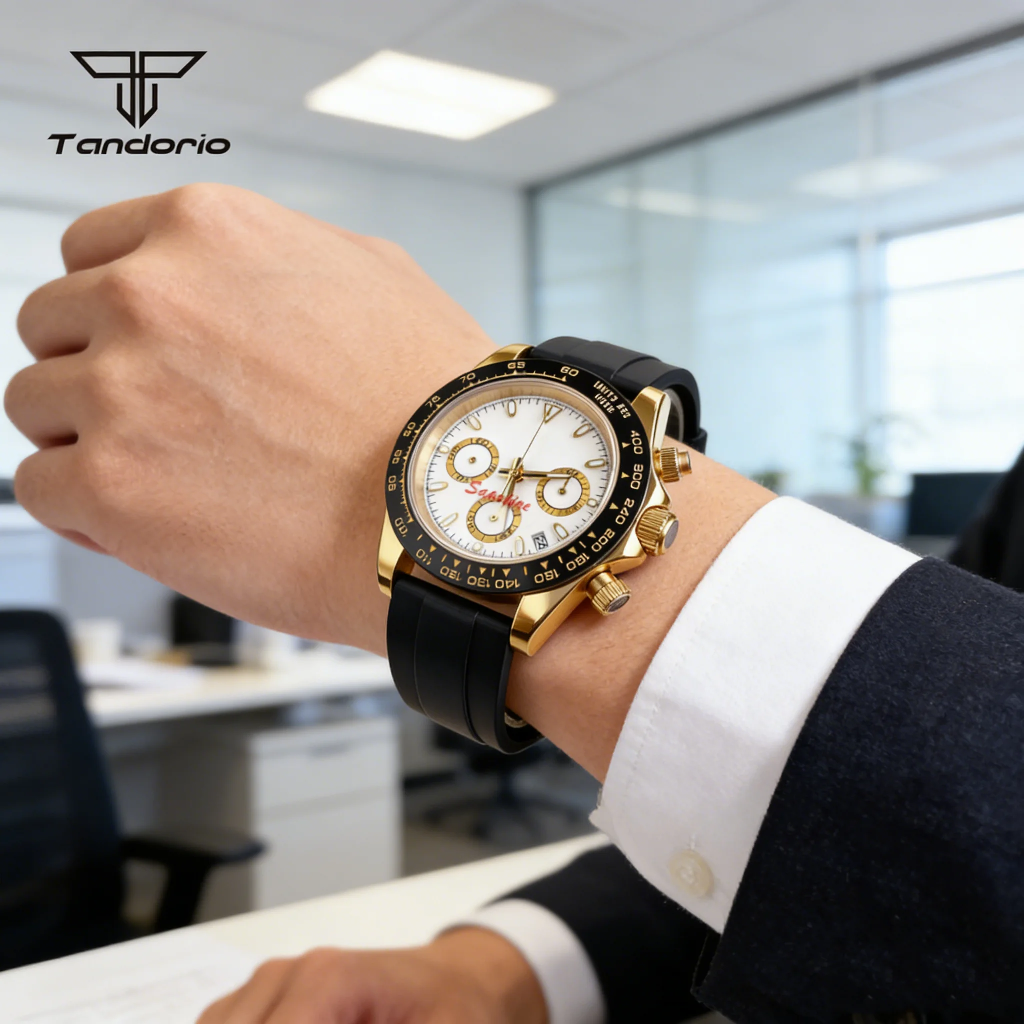 

Business 39mm VK63 Quartz Golden Multi-Functional Watch Auto Date Sports Chronograph Stopwatch Sapphire Glass Men's Wristwatch