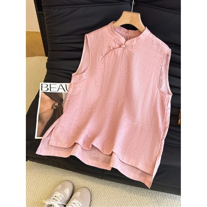

New Chinese Sle Loose Fit Stand Collar Svel irt Women's Summer 2025 High End Linen Vest irt Traditional Button De...
