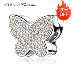 ATHENAIE 3 Colors 925 Silver Clips Pave Clear CZ Sparkling butterfly Charms Bead Fit All European Charms Bracelet Gift for Women