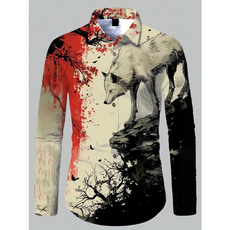 3D Print Wolf Pattern Men's Long Sleeve Shirts Vintage Animal Graphic Stylish Cool Outdoor Street Tops Loose Lapel Button Blouse