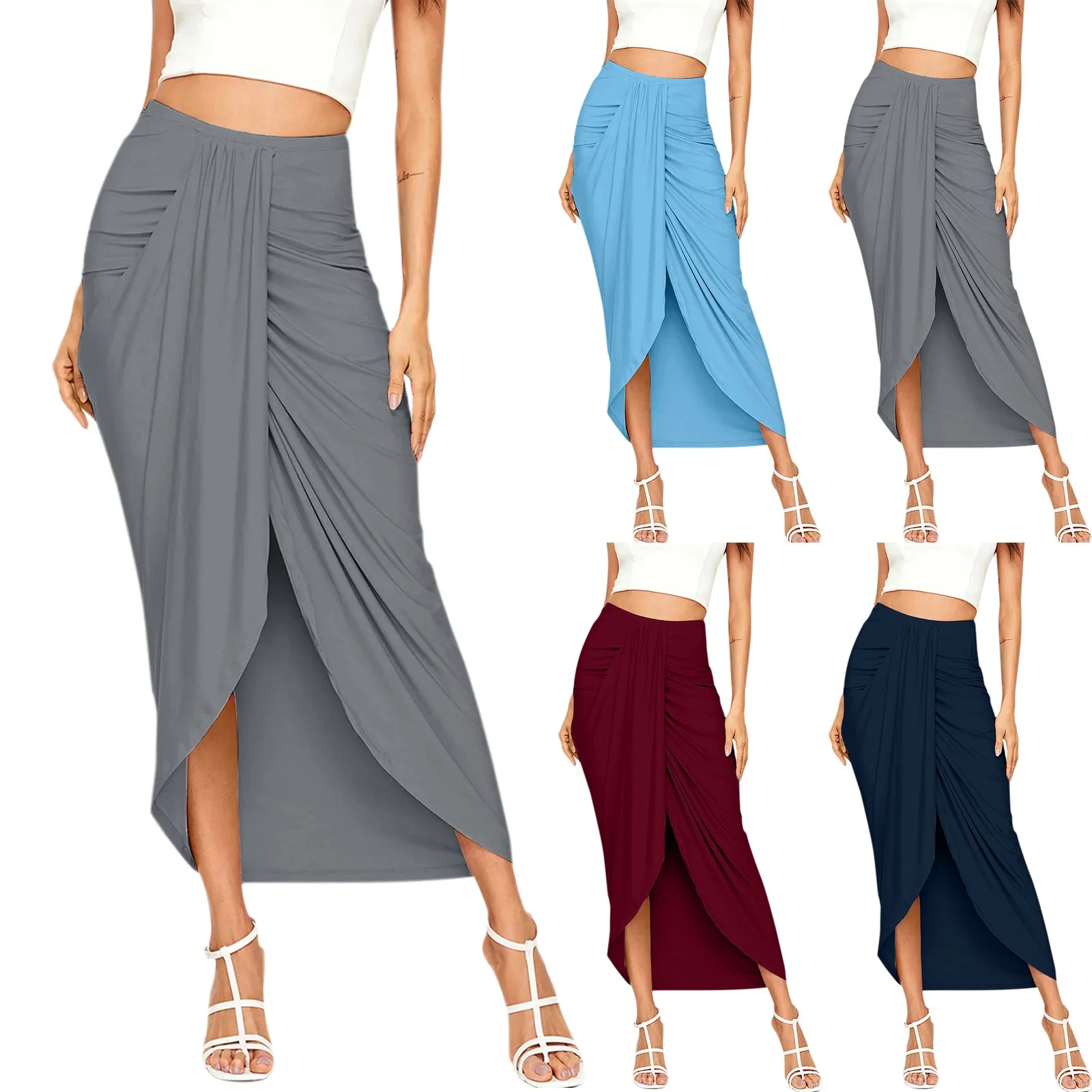 Elegant Pencil Skirt For Women Vintage Front Slit High Waist Hips-Wrapped Below Knee Skirts Bodycon Ruched Skirt Streetwear 2025