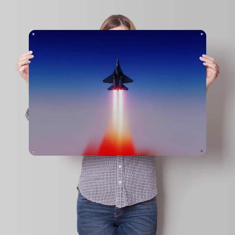 Fighter Jet Ascending Personalized 3D Textured Metal Poster Wall Art Tinplate Sign for Interior Decoration Living Room Man Cave