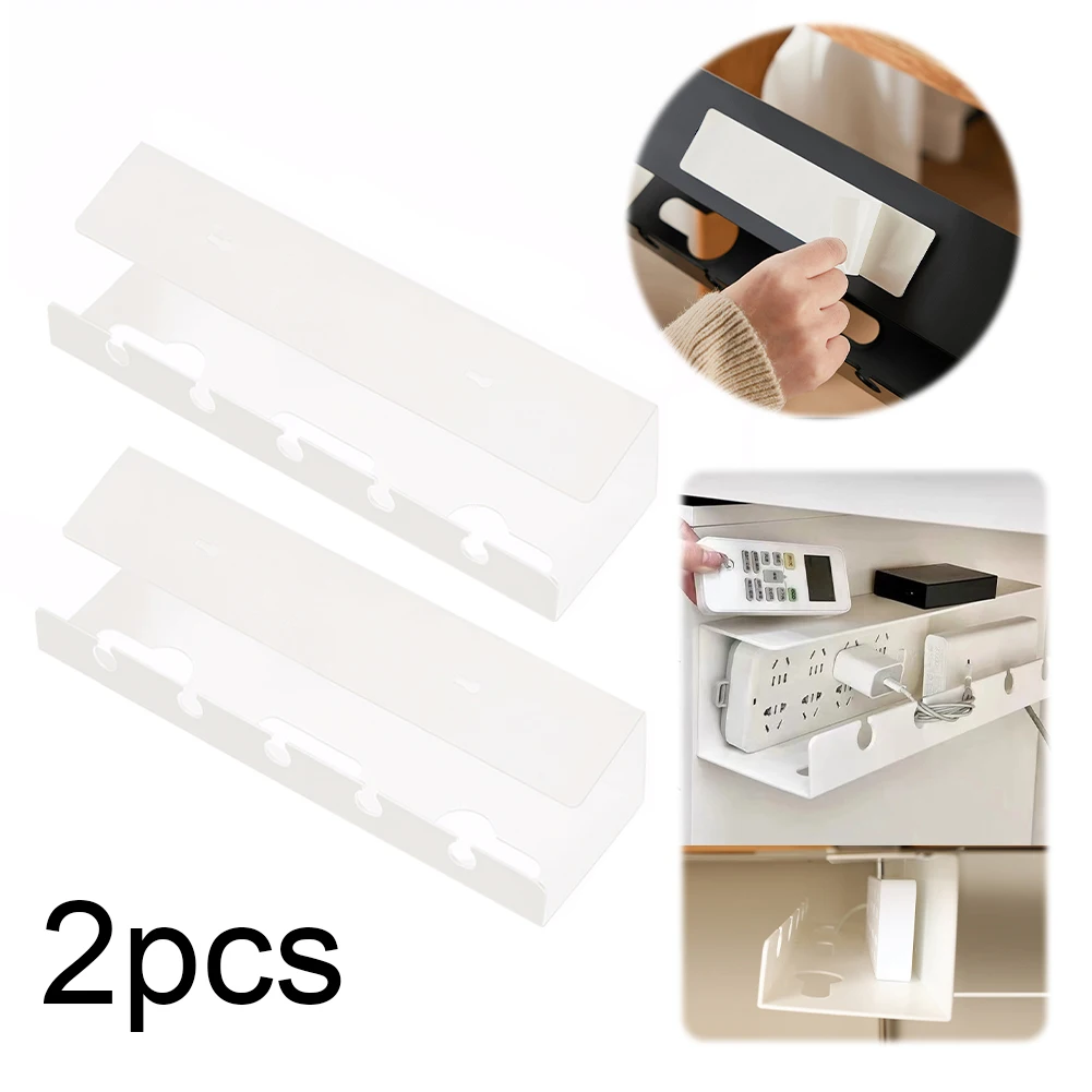 2Pcs Under Desk Cable Management Tray Self Adhesive Wire Management Rack No Punching Cable Tray Basket for Power Strip Adapter