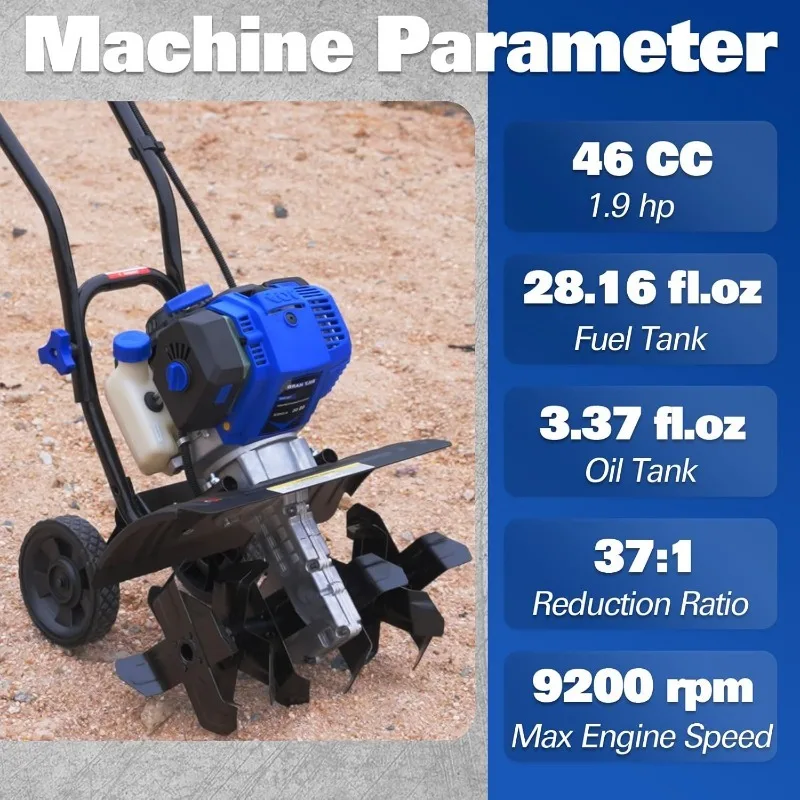 home.46cc 4-Cycle 1.9HP مزارع الحراثة التي تعمل بالغاز - 16 بوصة عجلات فولاذية شديدة التحمل، عجلات قابلة للتعديل وعلامة