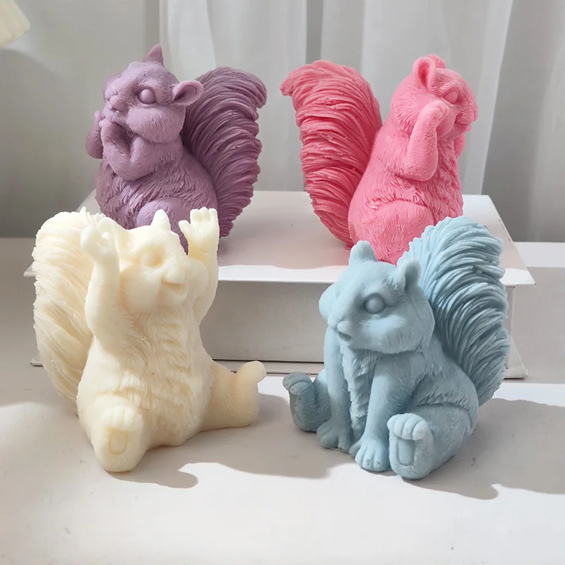 Four Cute Squirrels Candle Silicone Mold DIY Lovely Animal Squirrel Shape Plaster Candle Making Mould Resin Molds Home Decor