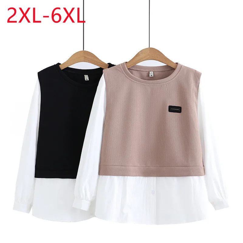 

New 2023 Ladies Spring Autumn Plus Size Tops For Women Large Size Long Sleeve O-neck Black Blouse 2XL 3XL 4XL 5XL 6XL