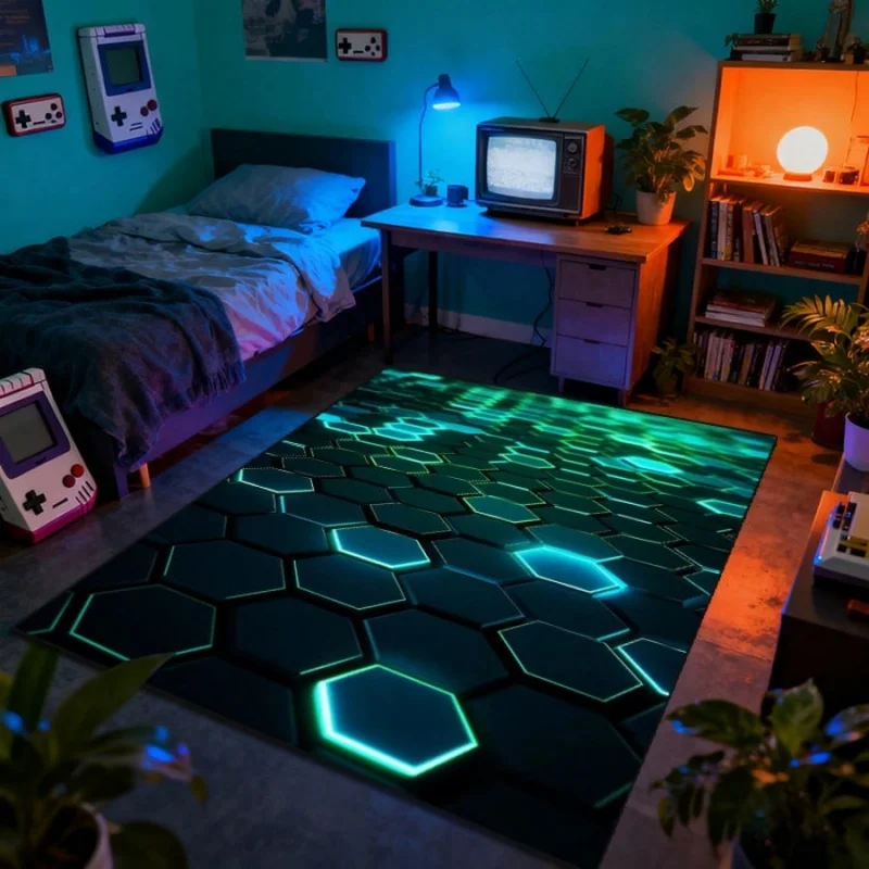 Neon Smoke Headphones Gaming Area Rug Colorful Music Headset Non Slip Gamer Room Floor Carpet