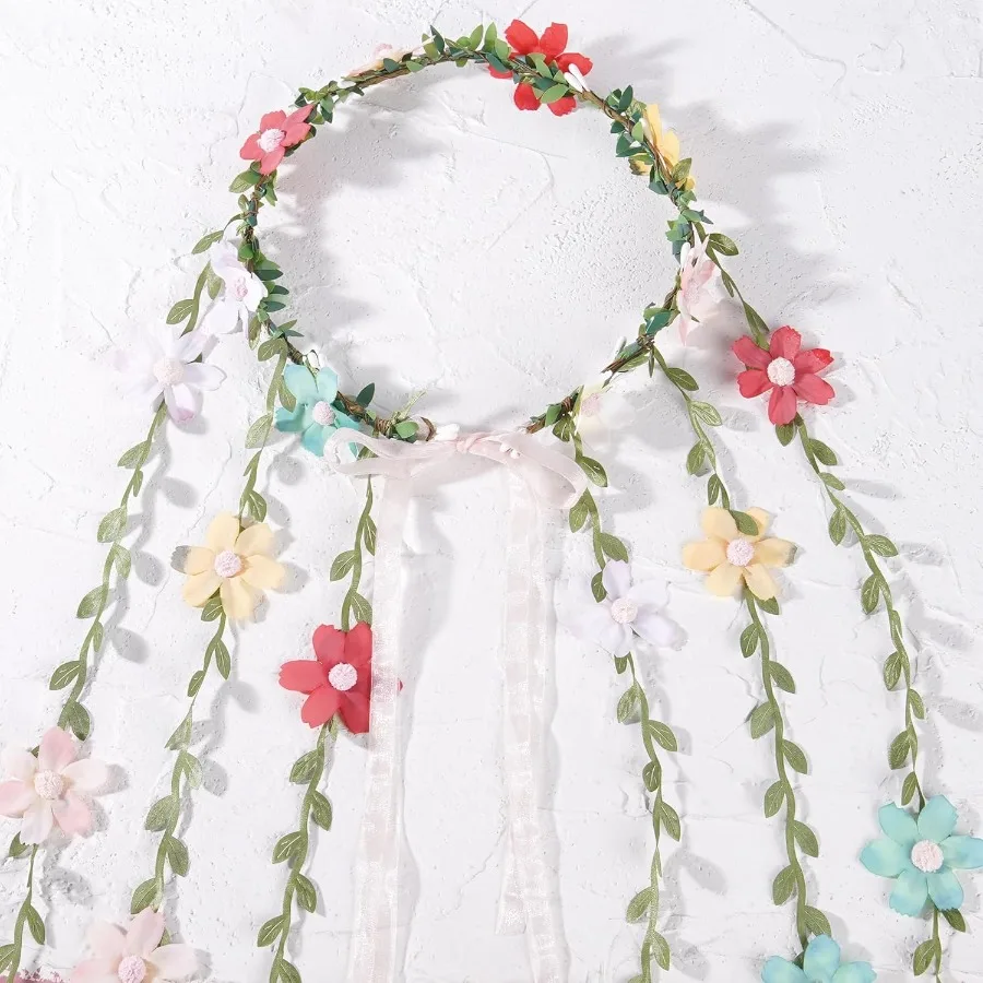 Colorful Fairy Flower Headpiece Bohemian Hippie Daisy Floral Headband for Women Girls Bridal Wedding Boho Renaissance Party Cos