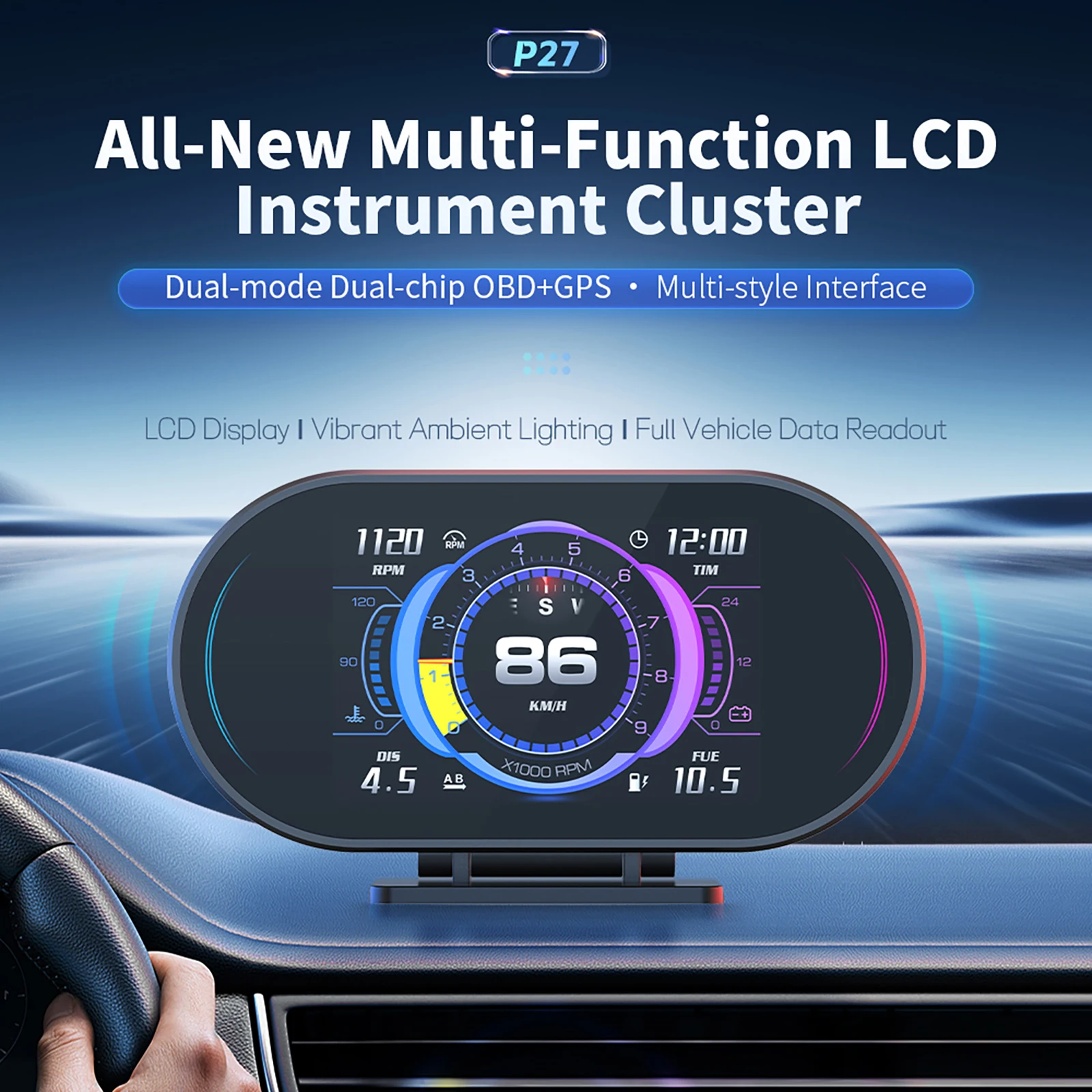 Car HUD OBD2+GPS Dual Mode Digital Dashboard LCD Display Speed RPM Water Temperature Voltage Fuel Consumption RGB Ambient Light