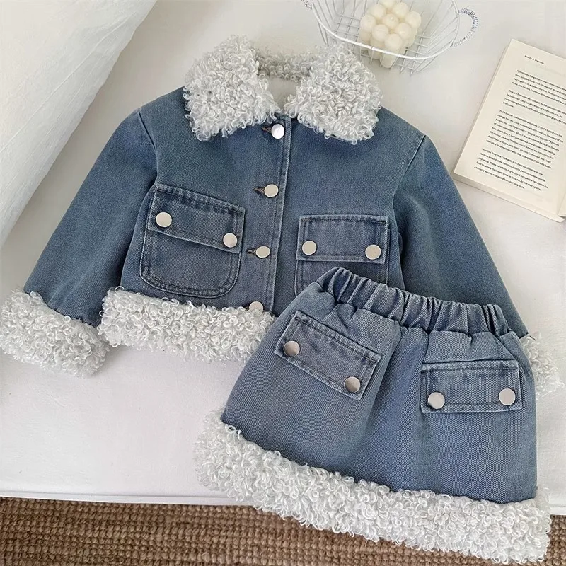 

TOY-Girls' Winter Denim Skirt Set New Fashionable Fleece-Lined Thickened Warm Coat and Skirt Two-Piece Set