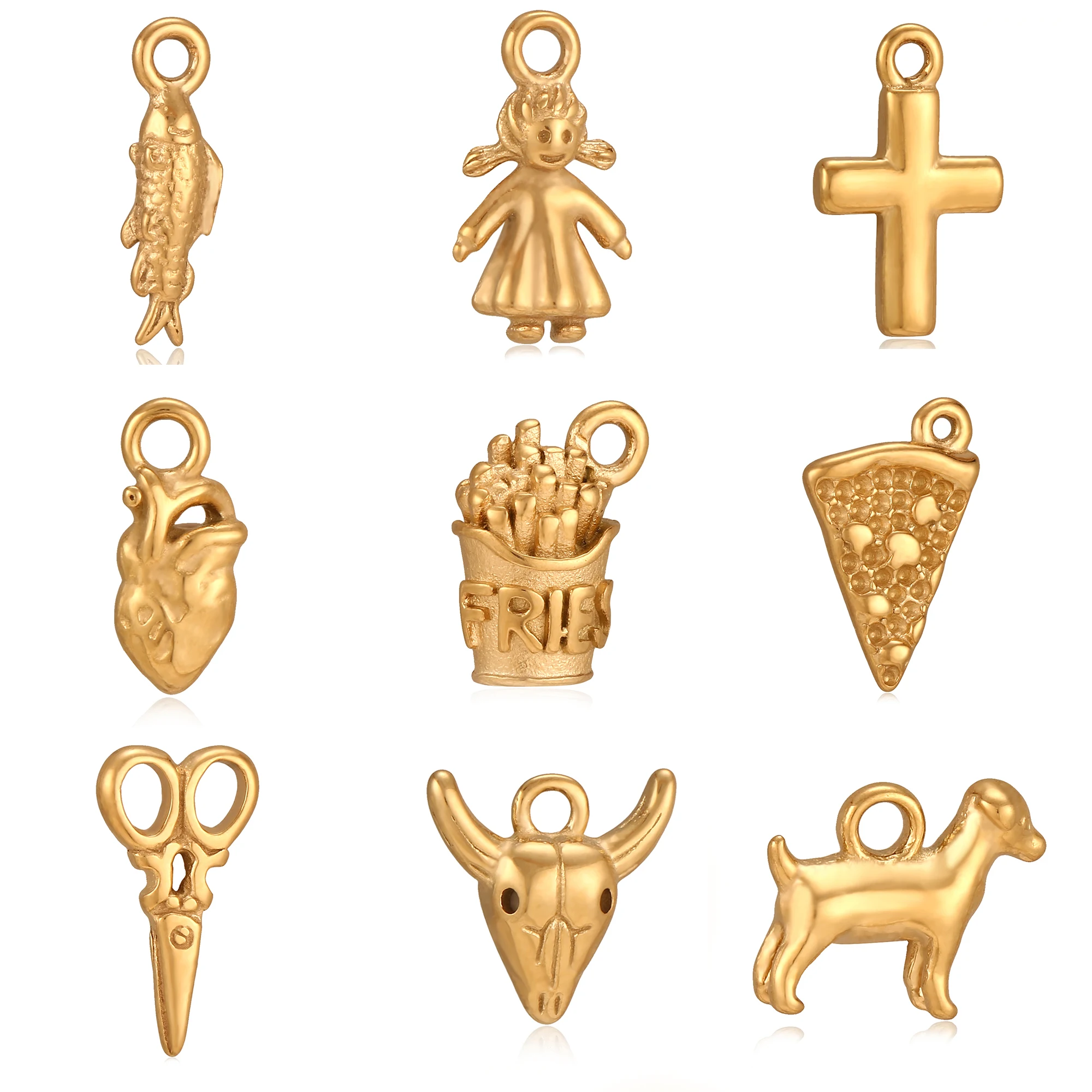 3Pcs Mini Girl/Dog/French Fries/Gothic Heart Charm Stainless Steel Small Pendant DIY Earring/Necklace Jewelry Making Accessories