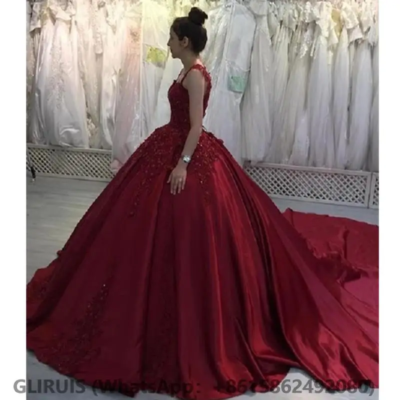 Burgundy Princess Quinceanera Dresses Lace Ball Gown Vestidos DePlunging Sweet 16 Dress Customized