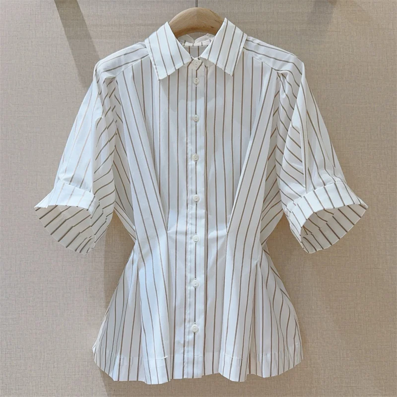 

Women's shirt New waist cinched slim fit collar short sleeved top for summer 2025 cotton blend Women's blouse y2k tops for woman