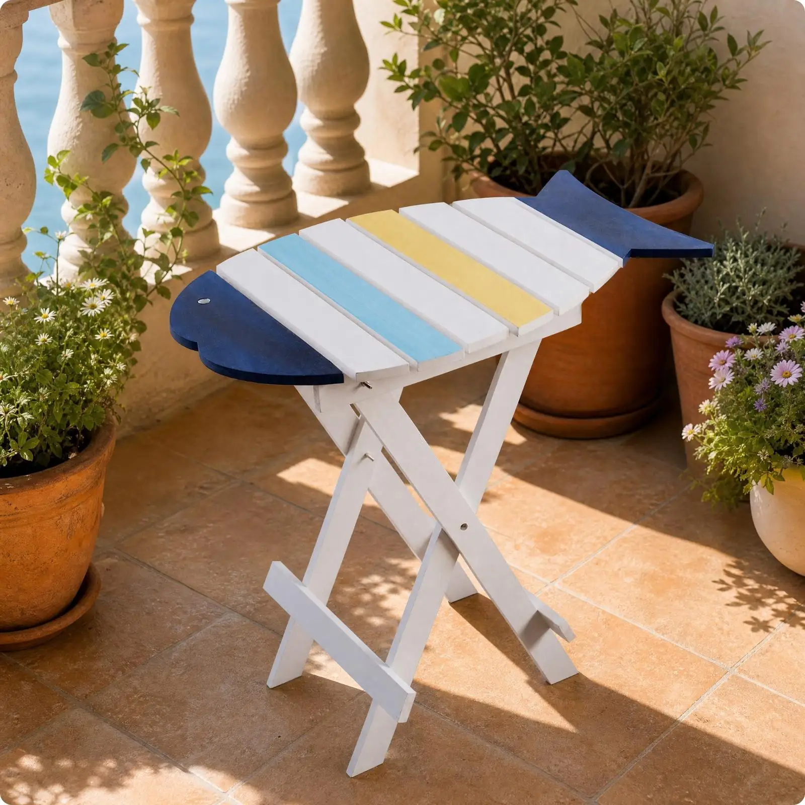 Decorative Folding Side Table White MDF Fish Tail Slats Wooden Table Mini Portable for Balcony Living Room