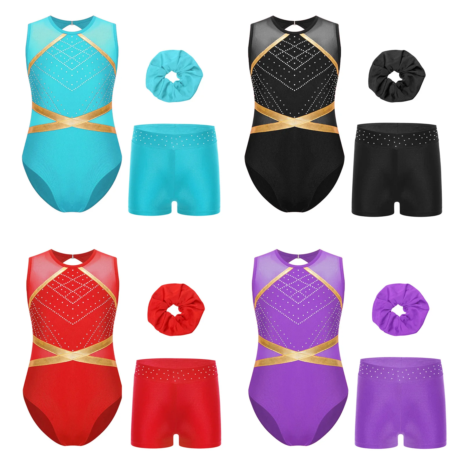 Kids Girls Patchwork Ballet Sets Keyhole Back Sleeveless Leotard with Rhinestones Waistband Shorts And Hair Tie Headwear