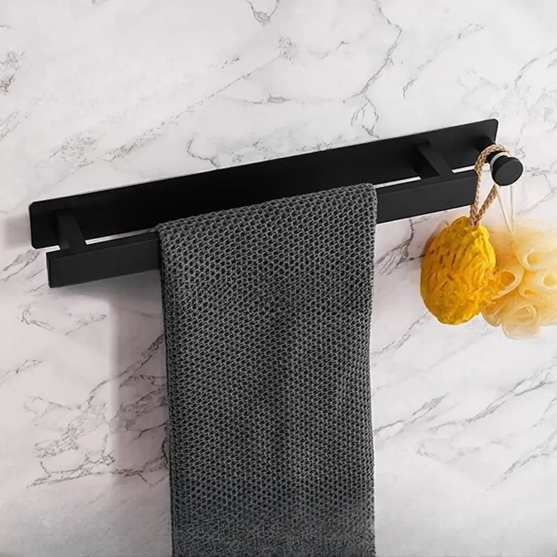 

40cm Matte Black Bathroom Towel Rack Self Adhesive Stainless Steel Towel Bar With Hook Wall Towel Storage Organizer for Bathroom