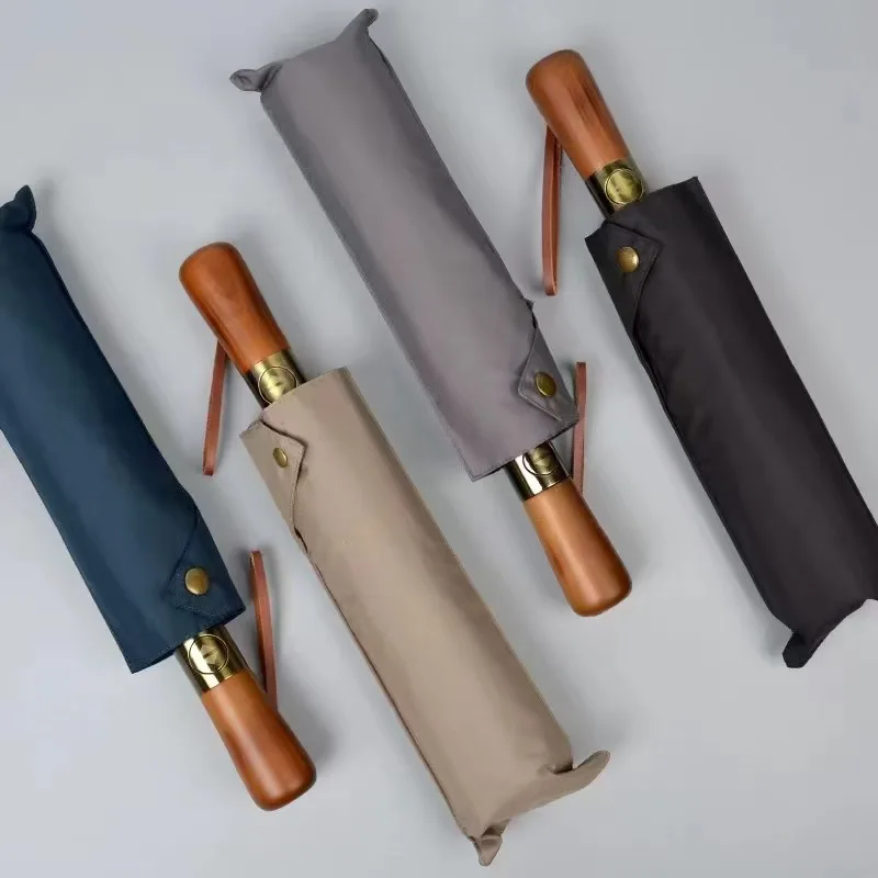 

Fully Automatic Wooden Handle Umbrella Men High End Business Folding Umbrella UV Protection Women's Parasol Sunny and Rainy Use