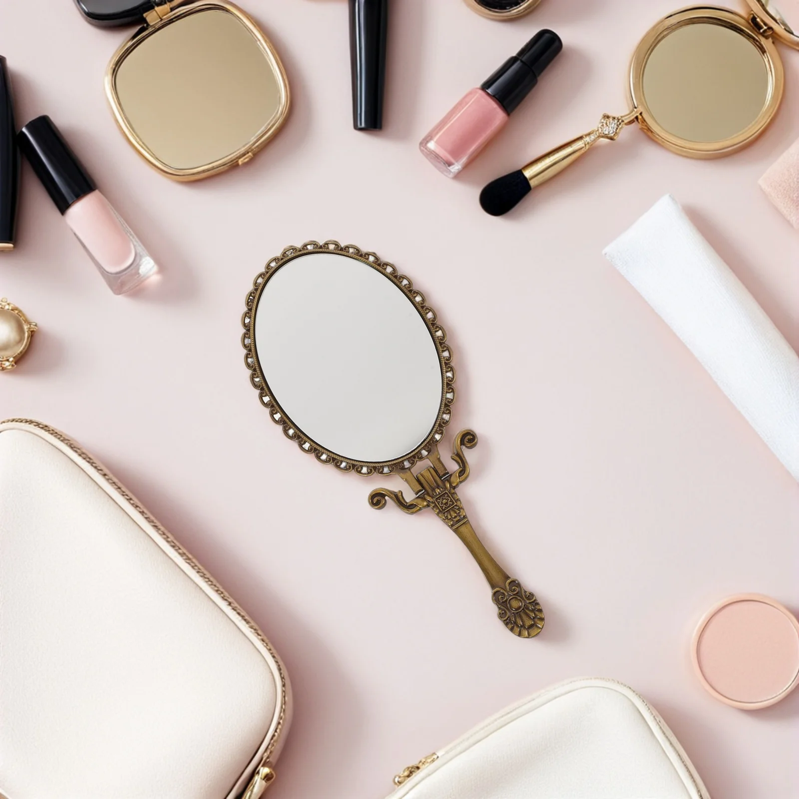 Espelho de mão retrô com alça, superfície de metal compacta para aplicação de maquiagem clara e espelho de mão de viagem, 2 peças