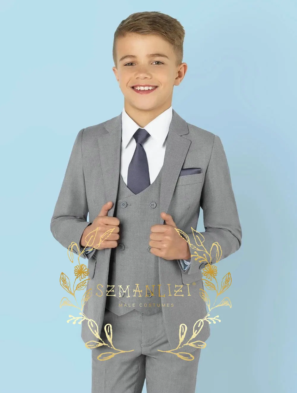 

Light Grey Notch Lapel Kids Children Wedding Blazer Formal Suit Double Breasted Vest Boy Birthday Party Dresses Suit 3 Pieces