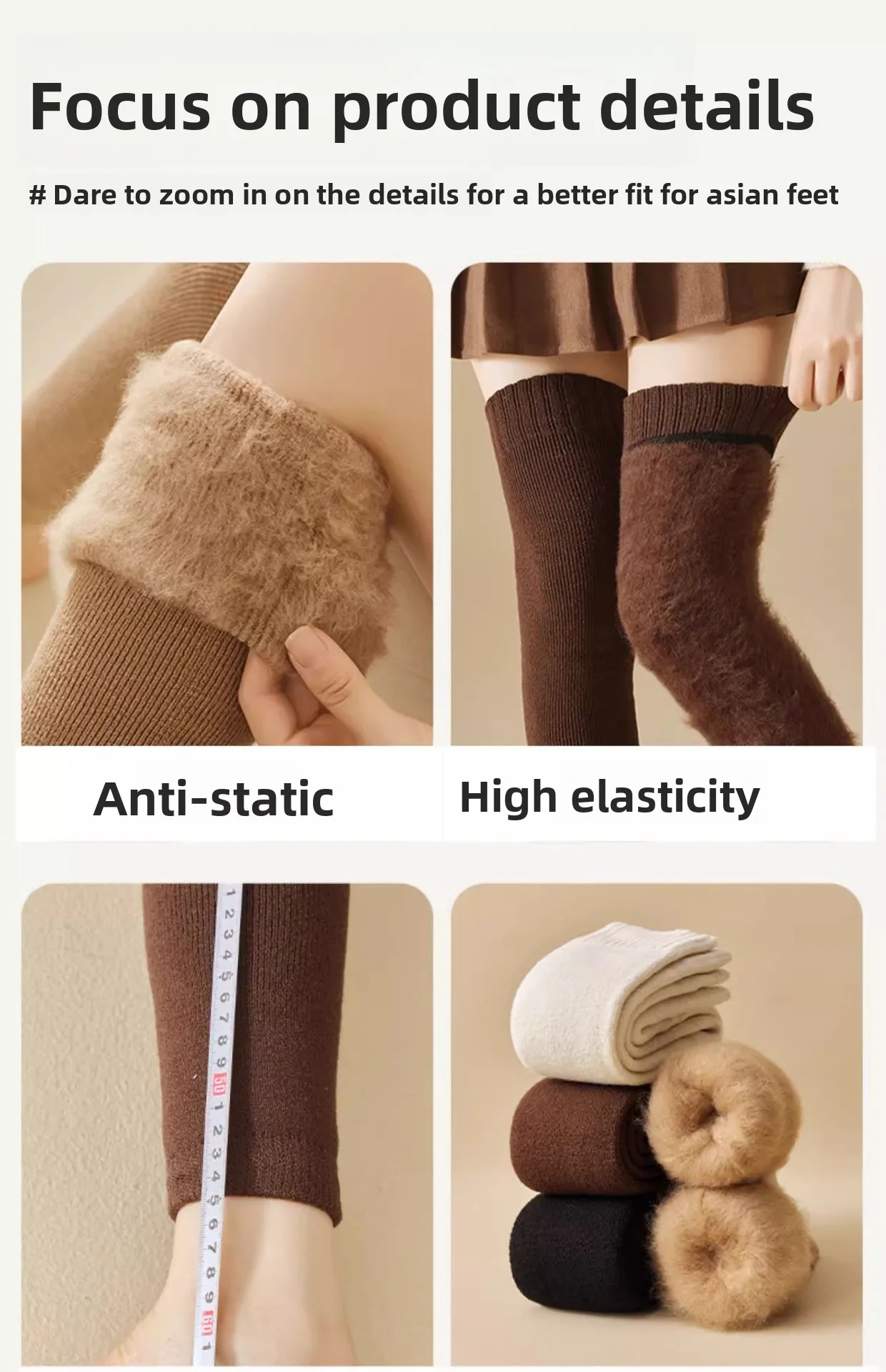 Overknee-Socken für Damen, mit Thermo-Fleece gefüttert, verdickte Wolle, Beinwärmer, Winter-Knieschutz gegen Kälte – Detail 19