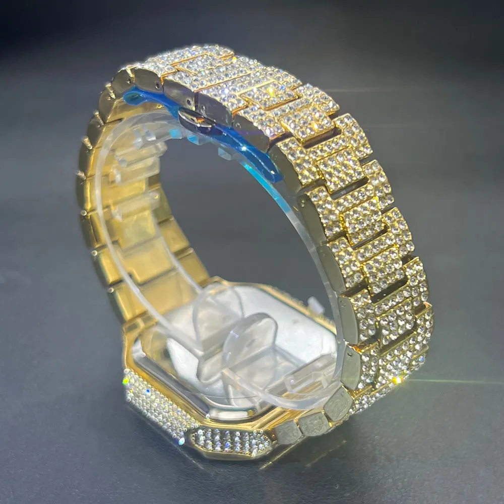 MISSFOX Watch For Men Luxury Gold Square Men's Wristwatch Alloy Strap Full Diamond Business Quartz Watch For Man Clock Gifts