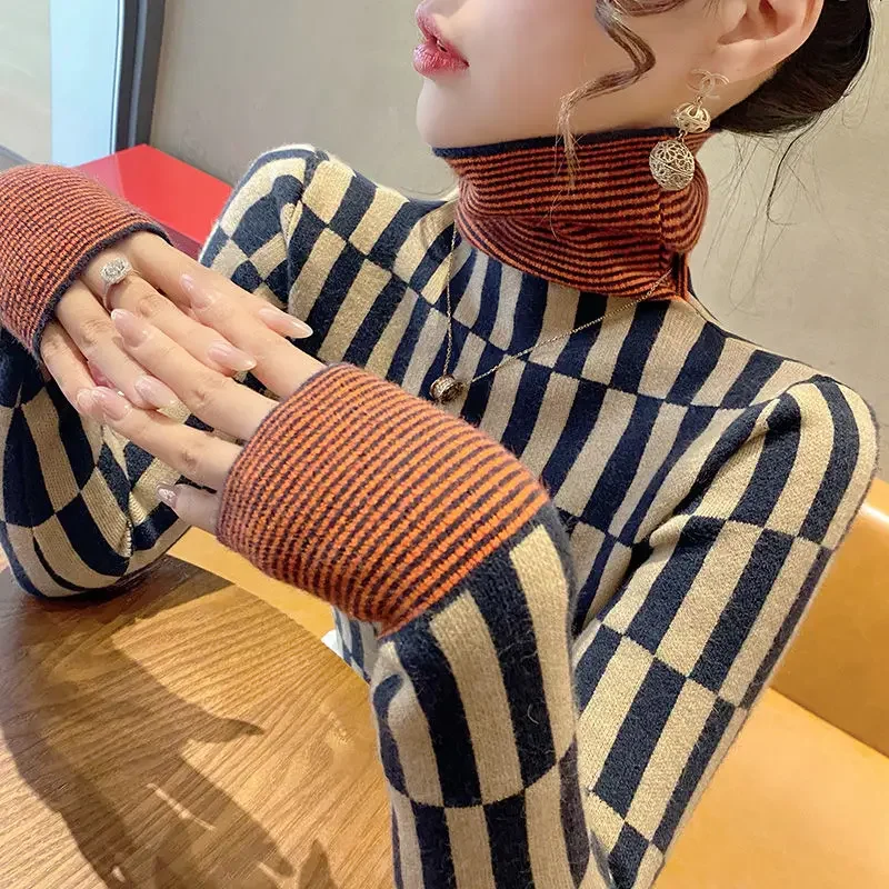 Women's High Collar Patchwork Striped Sweater Autumn and Winter Underlay 2023 New Fashion Long Sleeve Color Pullover Knit Tops