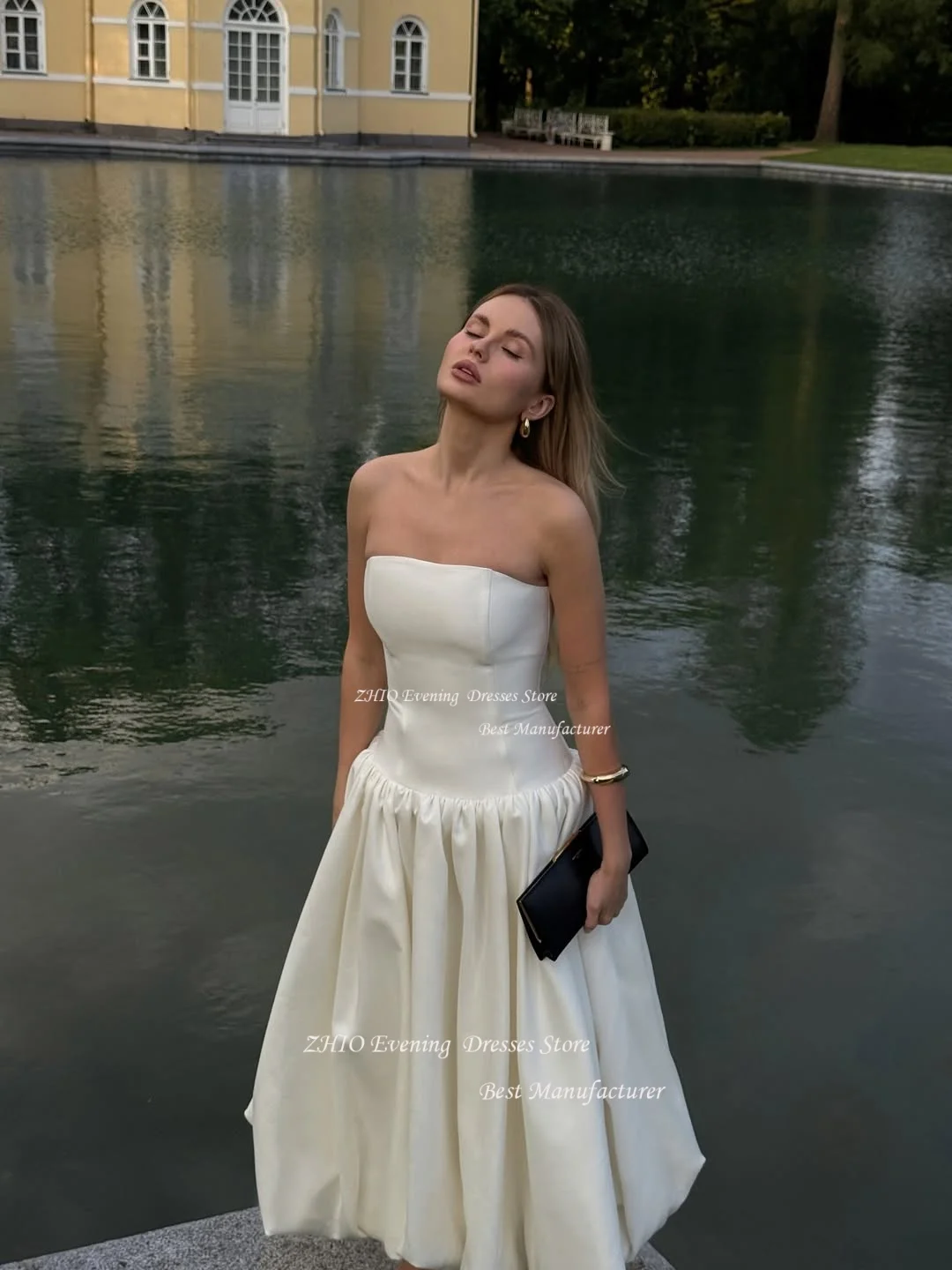 ZHIO فستان زفاف بسيط من الساتان الأبيض بدون حمالات بطول الكاحل زي العرائس مخصص بدون أكمام طيات فستان حفلات الزفاف
