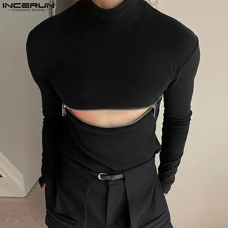 INCERUN Men T Shirts Solid Color Turtleneck Long Sleeve Fitness Streetwear Camisetas 2024 Hollow Out Zipper Casual Men Clothing