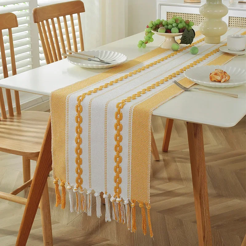 Nordic 3D Cotton and Linen Table Runner Party Long Dining Tablecloth with Tassels Shoe Cabinet Cover Towel for Living Room