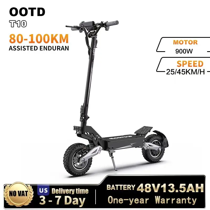 

Электрический самокат OOTD T10, 900 Вт, пиковая мощность, 48 В, 13 Ач, 31 миль в час, электрический самокат для взрослых, 21-28 миль, 11 дюймов, складные электронные шины