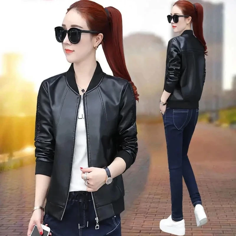 2023 Spring Autumn New PU Motorcycle Leather Coat Women Short Zipper Casual Tops Fashion Wild Baseball Uniform Leather Jackets