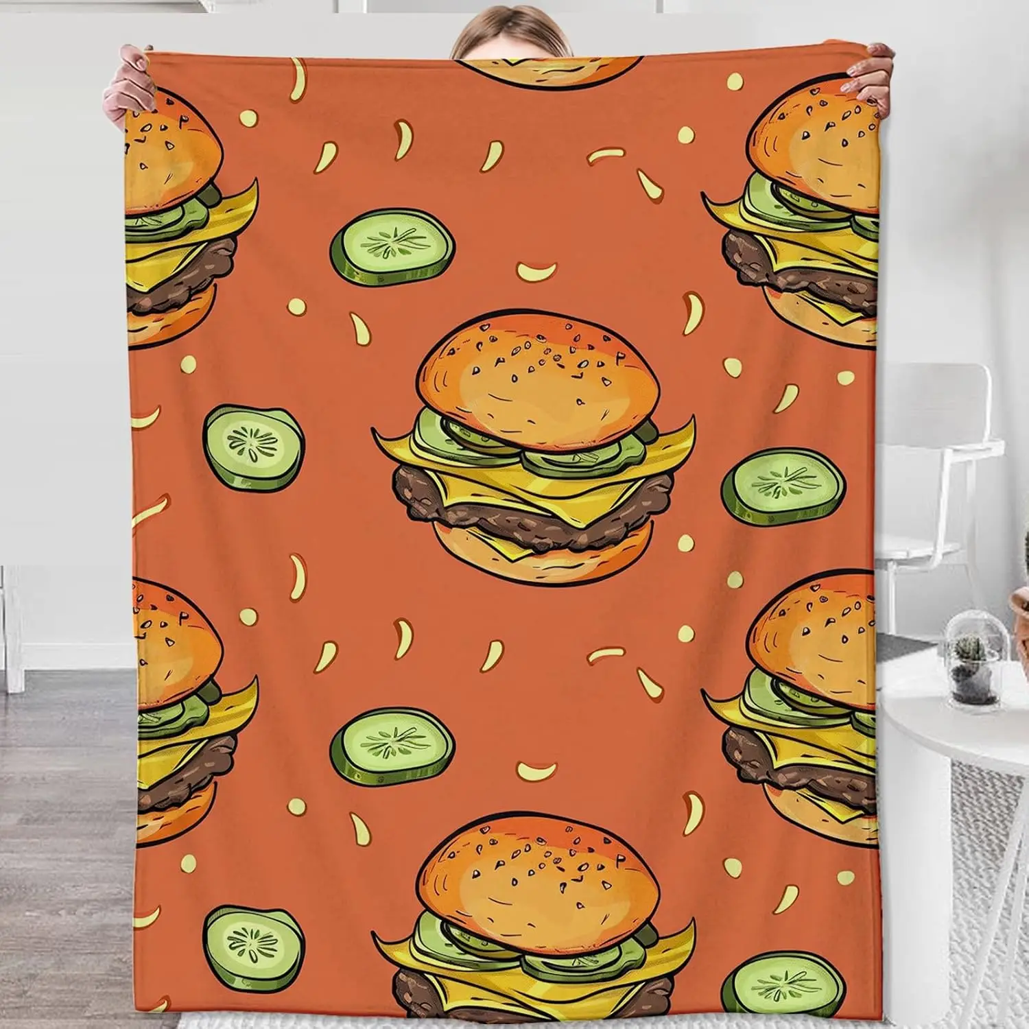 Cheeseburger and Cucumber Blanket,Gifts for Burger Lovers,Lightweight Flannel Throw Blankets,Fun Cartoon Fast Food Throws