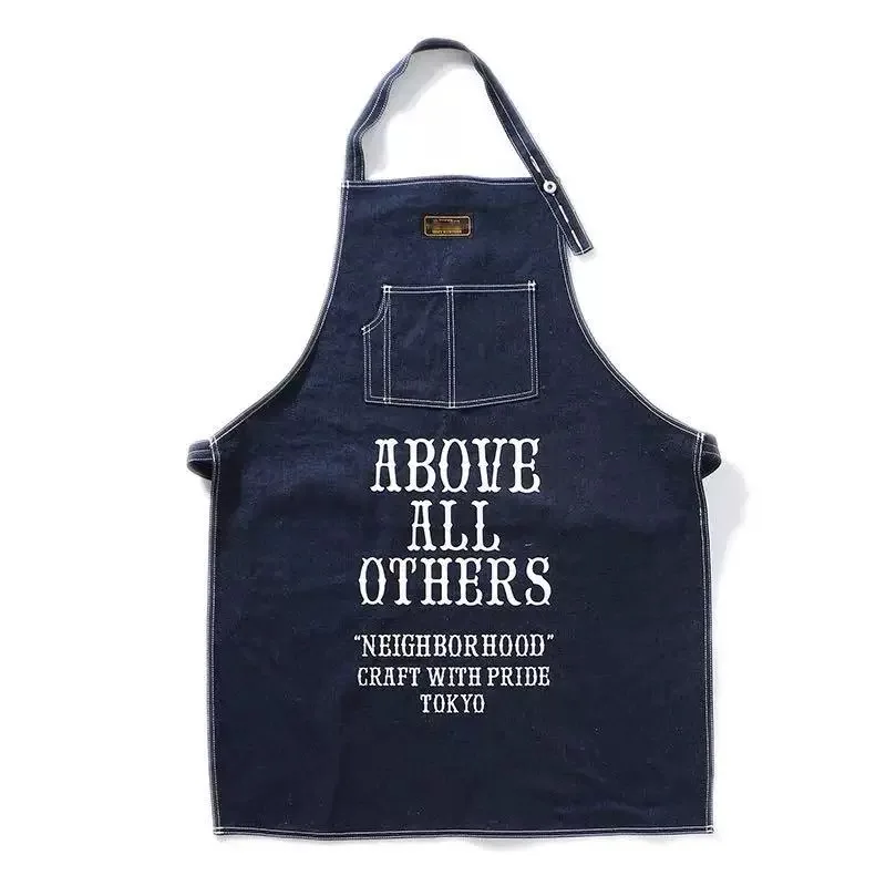 NBHD Vintage Washed Denim Fabric Monogram Print Coffee Shop Workwear Cargo Apron Craftsman Cover-Up