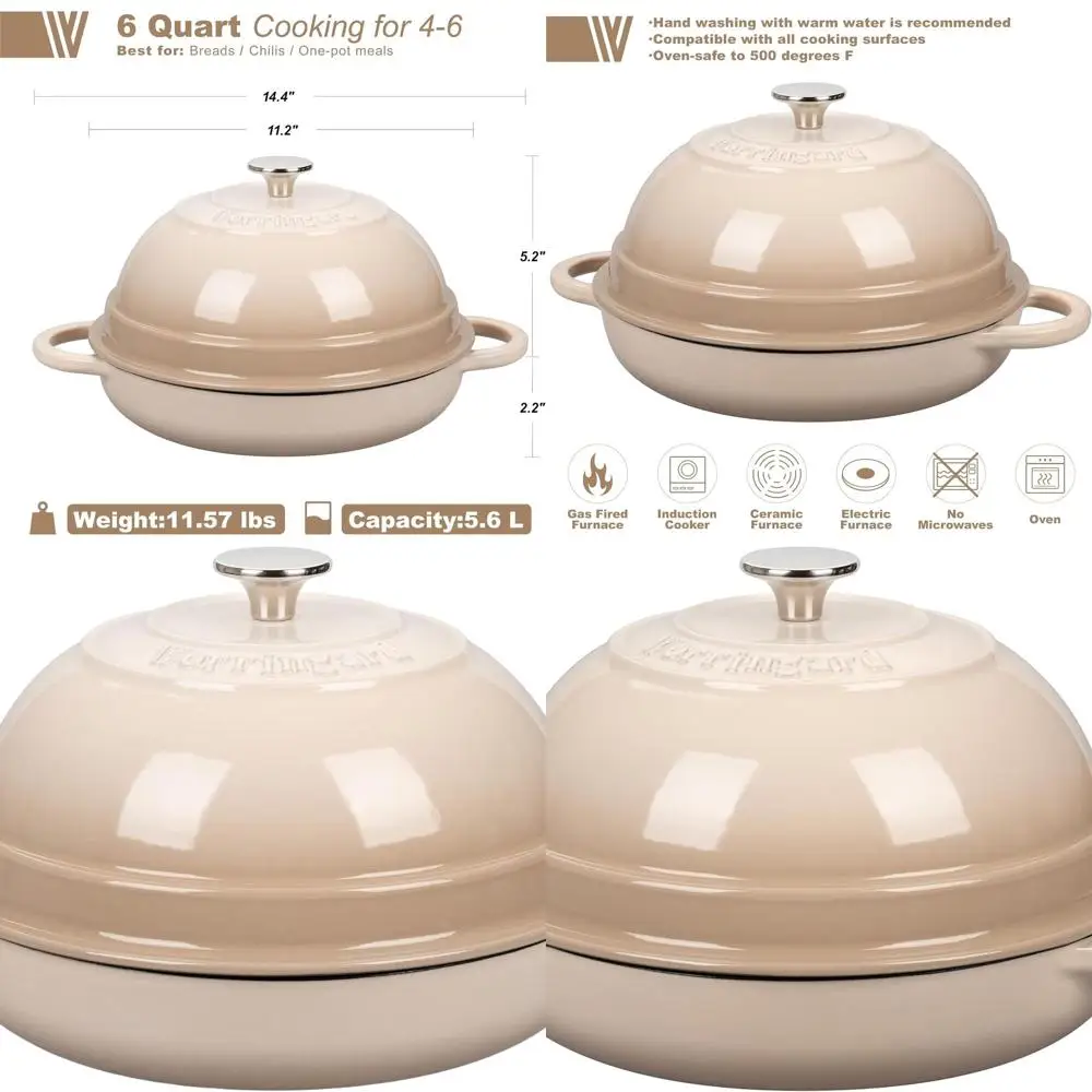 

Enameled Cast Iron Dutch Oven with Lid, 6-Quart, Bread Baking, Latte Color