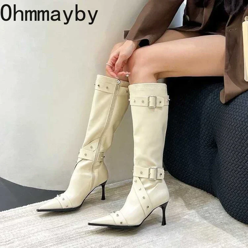 Pointed Toe Women Knee High Modern Boots Fashion Belt Buckle Slim Long Booties Thin High Heel Autumn Winter Ladies Shoes