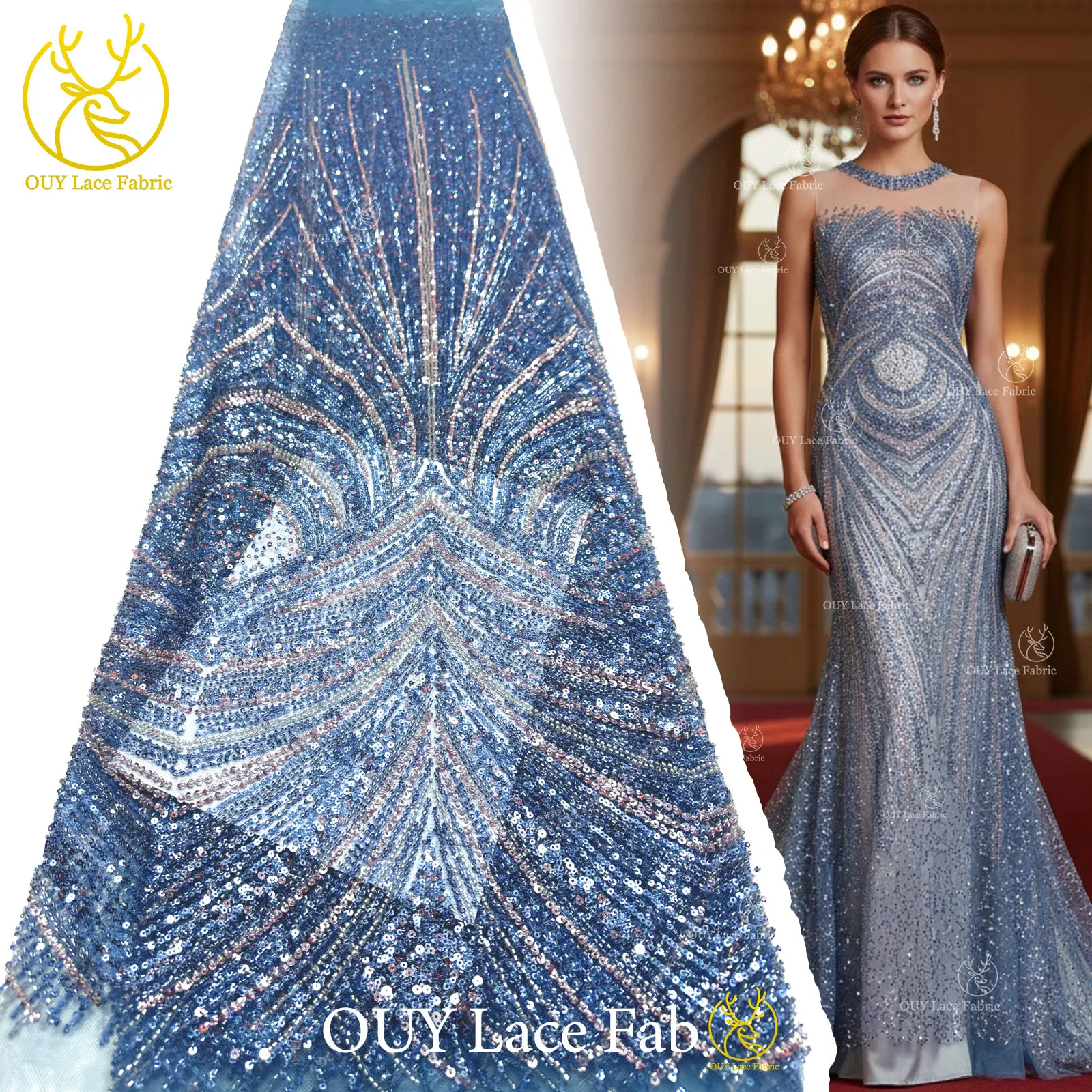 

2026 New Design Luxury African Beaded Lace Fabric 5 Yards of African Sequin Lace Fabric For Wedding Party Gown Sewing Material