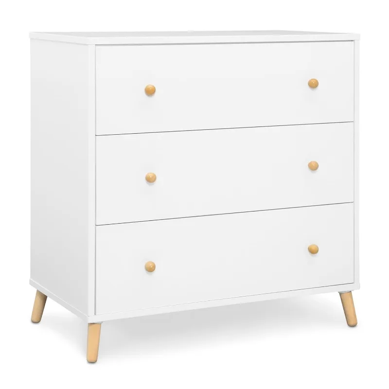 3 Drawer Dresser with Interlocking Drawers, Bianca White/Natural