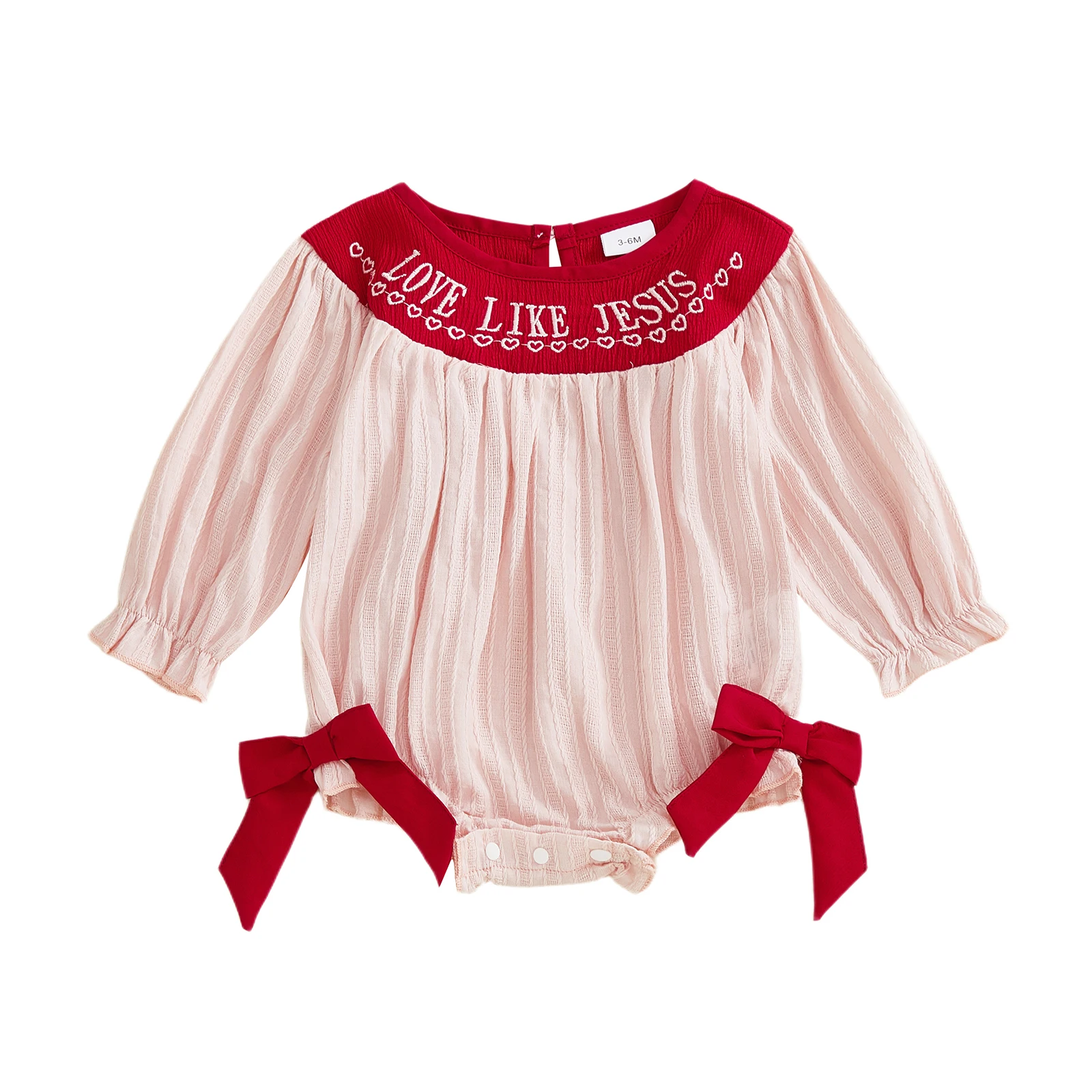 بدلة رومبير للفتيات الصغيرات في عيد الحب مطرزة بحروف على شكل قلب ورقبة دائرية وأكمام طويلة مع فيونكة