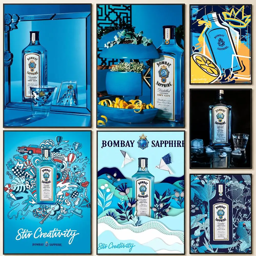 Póster de gin B-Bombay S-Sapphire, póster de pared autoadhesivo HD, impermeable, extraíble, sin decoloración, para decoración de dormitorio y sala de estar
