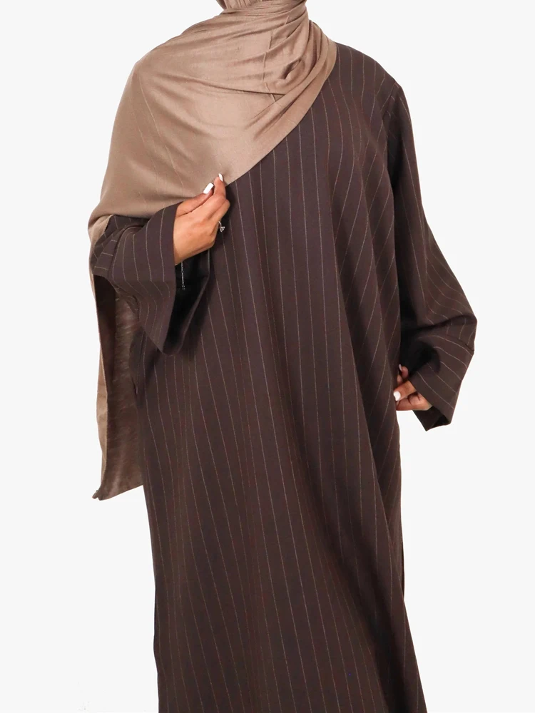 Autumn Pinstripe Twill Muslim Women Abaya Dress, Zipper Back Side Pockets, Modest Hijabi Robe, Islamic Clothing, Ramadan Eid