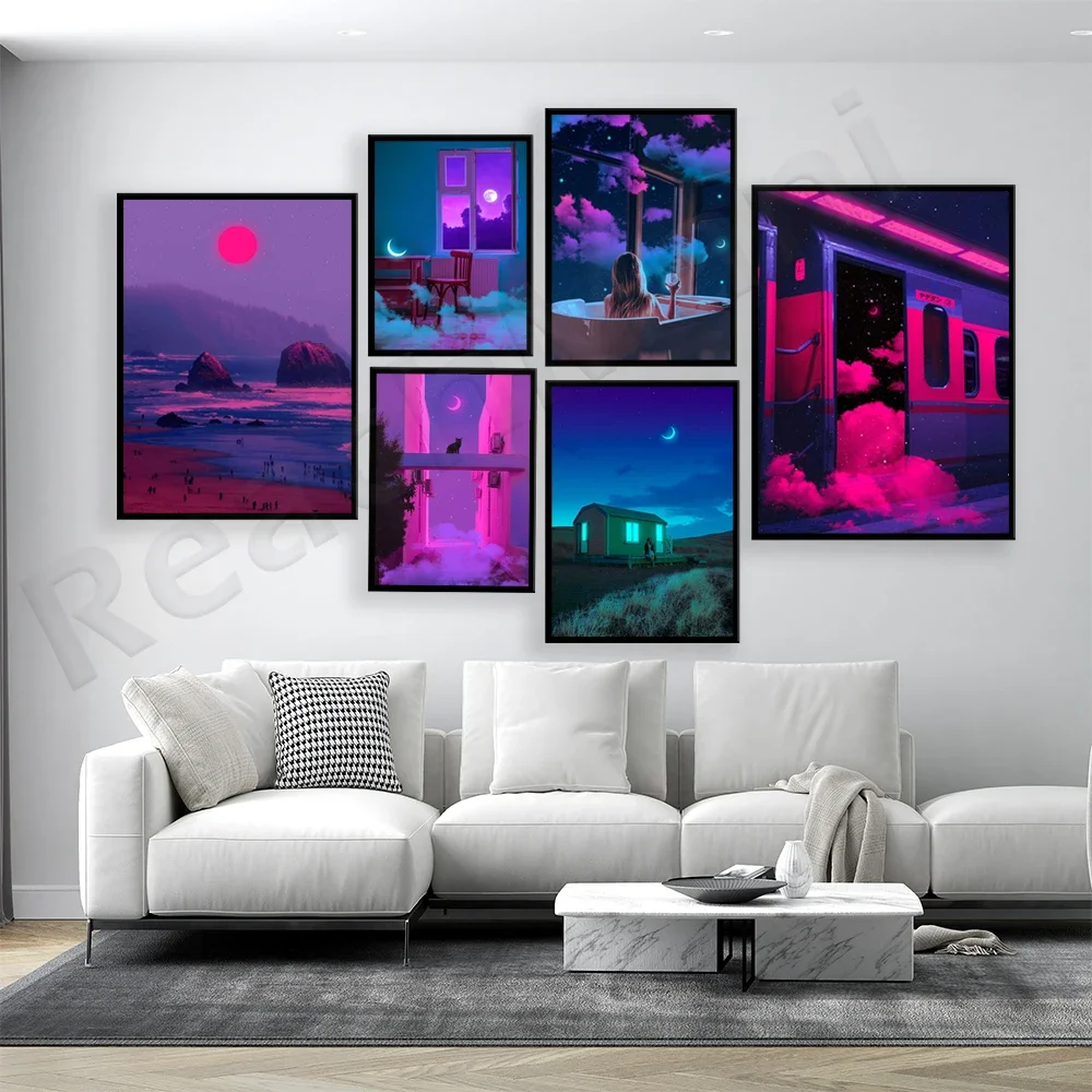 sweet home quiet night dream poster anime purple tone travel landscape prints atacama road trip painting moonlight dream picture