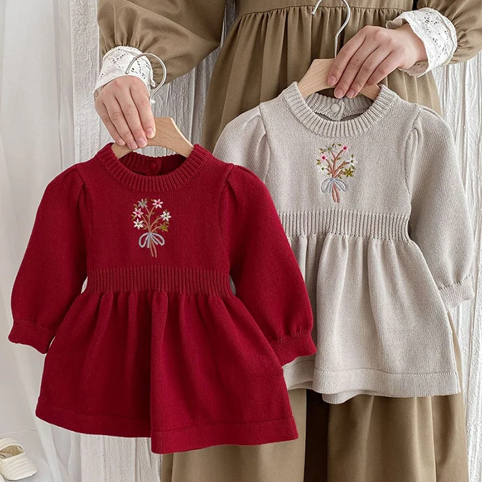 

Осенние детские платья принцессы для детей 1-4 лет, детская вязаная одежда, праздничное платье для маленьких девочек, вязаное платье с длинными рукавами и вышивкой