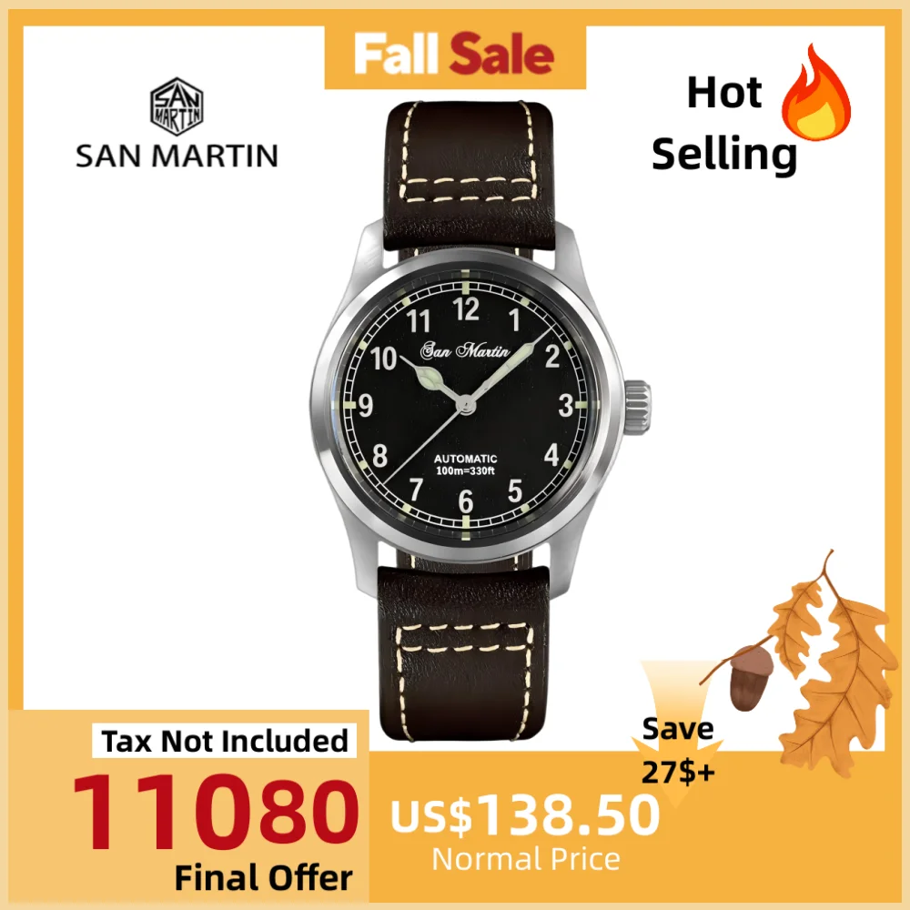 

San Martin Pilot Men Watch Mechanical Automatic Movement 8215 Waterproof 10Bar Diver's Watches Luminous Wristwatch SN0034B