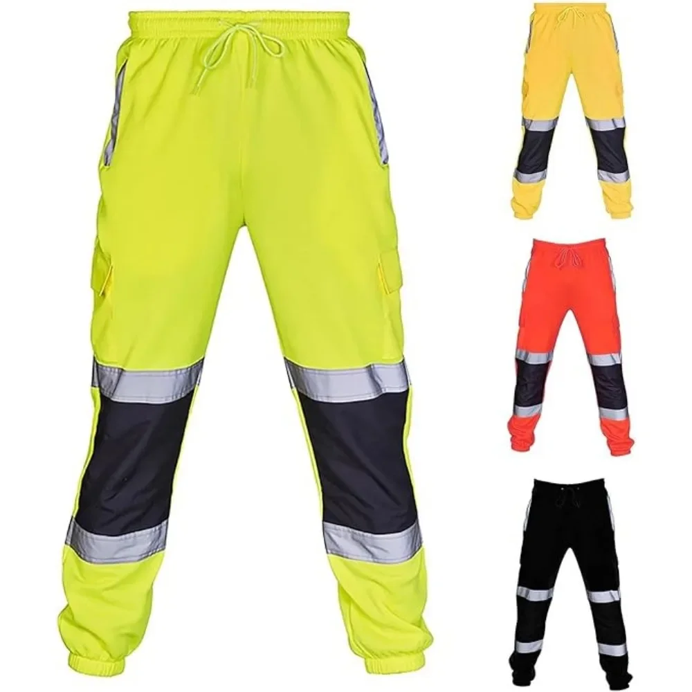 Mens High Visibility Work Cargo Pants Drawstring Casual Pockets Safe Reflective Construction Elastic Waist Trousers