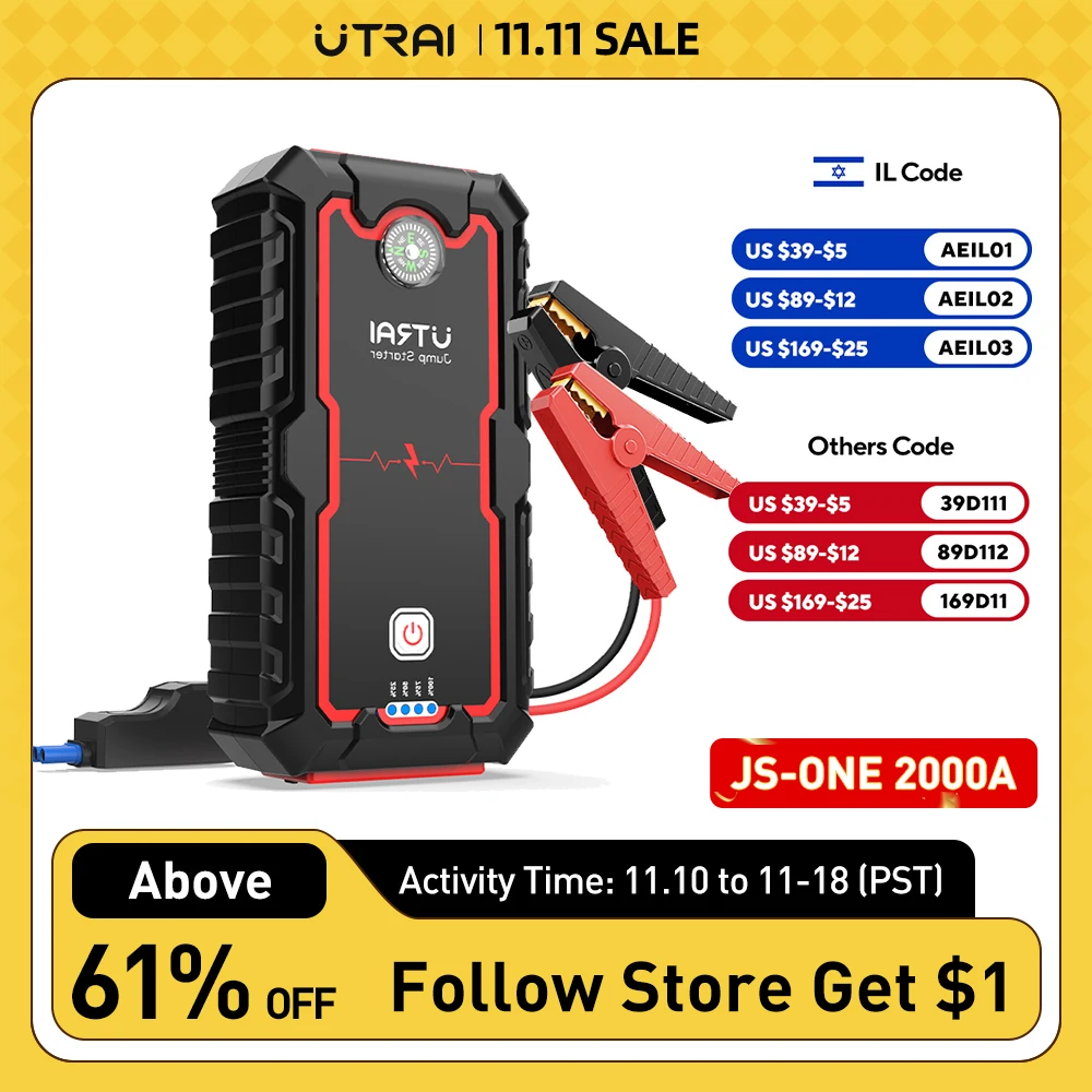 UTRAI 2000A Car Battery Starter 12V Auto Starting Device Emergency Portable Power Bank Car BoosterJump Starter For 8.0L Gas 6L